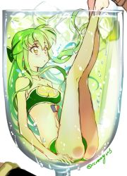 Rule 34 | 1girl, against glass, alternate costume, alternate hairstyle, ass, ass on glass, ass press, bandeau, barefoot, bikini, blush, bow, breasts, c.c., cleavage, clothes writing, code geass, creayus, cup, drink, drinking glass, drinking straw, floating hair, folded, food, french flag, from side, full body, glass, green bikini, green hair, hair bow, half updo, ice, ice cube, in container, in cup, in food, kneepits, legs, legs up, long hair, long legs, looking up, mini person, minigirl, navel, orangina, oversized object, parted lips, sidelocks, size difference, sketch, solo focus, swimsuit, twitter username, very long hair, wine glass, yellow eyes