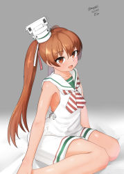 Rule 34 | 1girl, absurdres, brown eyes, brown hair, dark-skinned female, dark skin, dated, dress, grey background, hat, highres, kantai collection, libeccio (kancolle), long hair, looking at viewer, maru (marg0613), mini hat, neckerchief, sailor collar, sailor dress, sitting, solo, striped neckerchief, tan, twintails, twitter username, wariza, white dress, white sailor collar