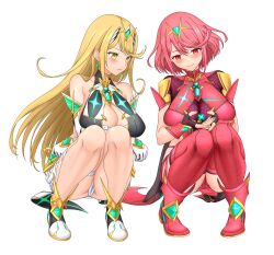 Rule 34 | absurdres, blonde hair, breasts, cleavage, cleavage cutout, clothing cutout, feichu keju, highres, large breasts, multiple girls, mythra (xenoblade), pyra (xenoblade), red eyes, red hair, transparent background, xenoblade chronicles (series), xenoblade chronicles 2, yellow eyes