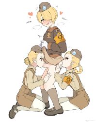 Rule 34 | 1boy, 2girls, anilingus, artist request, blonde hair, blush, brown eyes, brown skirt, censored, character request, circle skirt, clothed sex, clothes lift, fellatio, girls&#039; frontline, hat, highres, lifted by self, m2 (girls&#039; frontline), military, military uniform, miniskirt, multiple girls, no panties, oral, panties, penis, red eyes, short hair, skirt, skirt lift, sweat, testicles, trap, underwear, uniform, white background