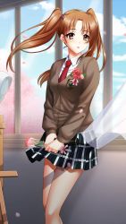 Rule 34 | 1girl, black skirt, brown cardigan, brown eyes, brown hair, cardigan, collared shirt, curtains, day, doukyuusei another world, floating hair, flower, game cg, holding, holding flower, kakyuusei, kanou ryouko, long hair, long sleeves, miniskirt, necktie, official art, open window, outdoors, parted lips, petals, pink flower, plaid, plaid skirt, pleated skirt, red necktie, school uniform, shirt, skirt, solo, standing, twintails, very long hair, white shirt, window, wing collar