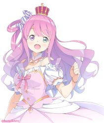 Rule 34 | 1girl, bare shoulders, blush, bracelet, breasts, candy hair ornament, crescent, crescent earrings, crown, detached sleeves, dress, earrings, food-themed hair ornament, gradient hair, green eyes, hair ornament, heterochromia, highres, himemori luna, himemori luna (1st costume), hololive, jewelry, kanzaki hiro, long hair, looking at viewer, medium breasts, multicolored hair, open mouth, pink dress, pink hair, puffy short sleeves, puffy sleeves, purple eyes, round teeth, short sleeves, simple background, smile, solo, teeth, twitter username, upper body, virtual youtuber, white background