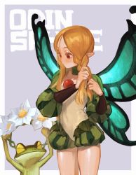 Rule 34 | 1girl, absurdres, blonde hair, blush, braid, butterfly wings, closed mouth, dress, fairy, flower, frog, highres, insect wings, long hair, mercedes (odin sphere), mossan351, odin sphere, pointy ears, puffy sleeves, red eyes, twin braids, wings