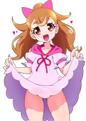 Rule 34 | 1girl, :3, :d, bow, brown eyes, brown hair, clothes lift, commentary, dress, dress lift, hair bow, highres, hood, hood down, hooded dress, inukai komugi, lifted by self, long hair, looking at viewer, open mouth, pink bow, pink dress, ponytail, precure, ryuuta (cure ryuuta), short dress, short sleeves, simple background, smile, solo, standing, white background, wonderful precure!