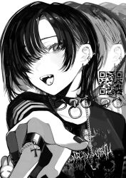 Rule 34 | 1girl, absurdres, breasts, collar, ear piercing, fangs, greyscale, hair over one eye, highres, jewelry, looking at viewer, monochrome, nail polish, open mouth, original, piercing, qr code, ring, shirt, simple background, sirayukisiu, solo, spiked collar, spikes, spot color, upper body, zoom layer