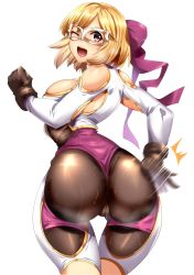 Rule 34 | 10s, 1girl, alternate costume, ass, blonde hair, breasts, brown eyes, cameltoe, djeeta (granblue fantasy), gloves, granblue fantasy, hair ribbon, highres, looking at viewer, looking back, luchador (granblue fantasy), magukappu, mask, one eye closed, revision, ribbon, short hair, simple background, smile, solo, spanking, steam, sweat, thighs, white background, wide hips, wrestling mask, wrestling outfit