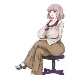 Rule 34 | 1girl, anal, anal object insertion, ass juice, blunt bangs, blush, bob cut, breasts, collarbone, commentary request, crossed legs, dildo reveal, highres, long sleeves, medium hair, object insertion, original, parted lips, pink eyes, simple background, sitting, solo, stool, tareme, tetsuwan woopie, white background