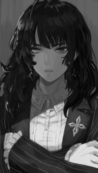 Rule 34 | 1girl, absurdres, against wall, ahoge, black hair, black suit, brocade, brown eyes, buttons, crossed arms, drop earrings, earrings, emblem, formal, frilled sleeves, frills, greyscale, highres, jewelry, kashimoto riko, lips, long hair, looking at viewer, messy hair, monochrome, parted lips, pinstripe pattern, pinstripe suit, sharp mente, shirt, solo, spot color, striped, suit, tsurime, umamusume, very long hair, white shirt, yellow eyes
