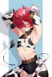 Rule 34 | 1boy, 2021, ahoge, animal ears, animal print, armpits, arms behind back, bell, belt, blush, chaps, chinese zodiac, collar, cow boy, cow ears, cow print, cow tail, crossdressing, ear tag, elbow gloves, fate/grand order, fate (series), fuuma kotarou (fate), gloves, hair over one eye, highres, horns, male focus, midriff, navel, neck bell, omiyacha, red eyes, red hair, short shorts, shorts, smile, tail, trap, year of the ox