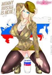 Rule 34 | 1girl, absurdres, arm behind head, blonde hair, blue eyes, boots, bottle, breasts, camouflage, camouflage jacket, camouflage skirt, cleavage, clothes lift, commission, hat, highres, huge breasts, jacket, military, military hat, military uniform, object insertion, personification, pussy, russia, skirt, skirt lift, sodomi pigtail, solo, squatting, thighhighs, uniform, vaginal, vaginal object insertion