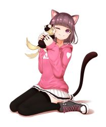 Rule 34 | ;), animal ears, animalization, black thighhighs, brown hair, cat ears, cat tail, commentary request, dog, full body, hat, highres, hood, hood down, hoodie, kmnz, long sleeves, lunch boxer, mc lita, mc liz, miniskirt, nail polish, one eye closed, pleated skirt, short hair, simple background, skirt, smile, solo, tail, thighhighs, virtual youtuber, white background, zettai ryouiki
