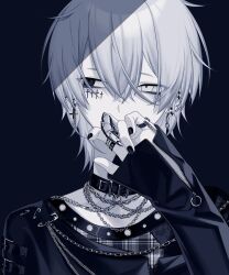 Rule 34 | 1boy, alare32446233, black choker, black eyes, black jacket, black nails, black shirt, blue background, chain, chain necklace, choker, colored skin, cross, cross facial mark, ear piercing, earrings, facial mark, facing viewer, goth fashion, heterochromia, highres, jacket, jewelry, looking to the side, male focus, multiple earrings, necklace, original, piercing, shirt, short hair, solo, white eyes, white hair, white skin