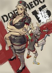 Rule 34 | 2girls, bad id, bad pixiv id, breasts, cleavage, covered erect nipples, crowbar, dorohedoro, earrings, ebisu (dorohedoro), hat, holding, holding crowbar, horns, jewelry, large breasts, mikoyan, multiple girls, muscular, muscular female, noi (dorohedoro), nurse cap, pantyhose, red eyes, silver hair, syringe, tape, thick thighs, thighs, weapon