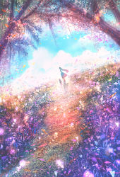 Rule 34 | 1girl, ahoge, black hair, cat, cloud, colorful, commentary, dress, dutch angle, field, flower, highres, long hair, looking at viewer, original, outdoors, path, petals, road, sakimori (hououbds), scenery, sky, sleeveless, sleeveless dress, solo, tree, v arms, wind