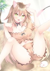 Rule 34 | 1girl, :d, animal ears, blurry, blurry background, blush, breasts, brown hair, brown shirt, brown shorts, cat ears, cat girl, cat tail, cleavage, collarbone, fang, frilled shirt, frilled shorts, frills, green eyes, hair between eyes, highres, long hair, looking at viewer, midriff, mouse (animal), navel, open mouth, original, partially visible vulva, paw pose, photoshop (medium), shirt, shorts, sitting, smile, solo, spread legs, tail, thighs, watagashi yui