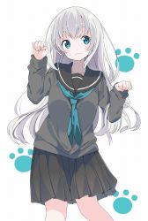 Rule 34 | 1girl, black sailor collar, black serafuku, black shirt, black skirt, blue eyes, blue neckerchief, blush, closed mouth, commentary request, eyebrows hidden by hair, grey sweater, hands up, highres, long hair, long sleeves, looking at viewer, neckerchief, original, paw pose, pleated skirt, sailor collar, school uniform, serafuku, shirt, skirt, sleeves past wrists, solo, sweat, sweater, tantan men (dragon), very long hair, wavy mouth, white background, white hair