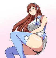 Rule 34 | 10s, 1girl, bad id, bad pixiv id, bare shoulders, blush, breasts, brown hair, curvy, green eyes, gundam, gundam build fighters, gundam build fighters try, headset, hifumi hajime, kamiki mirai, large breasts, long hair, sitting, solo, thick thighs, thighhighs, thighs, wide hips