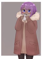 Rule 34 | 1girl, black pantyhose, blush, brown coat, brown sweater, coat, coffee cup, cup, dark-skinned female, dark skin, disposable cup, fate/prototype, fate/prototype: fragments of blue and silver, fate (series), female focus, fur-trimmed coat, fur trim, grey background, hair between eyes, hands up, hassan of serenity (fate), highres, holding, holding cup, i.u.y, long sleeves, nose blush, open clothes, open coat, pantyhose, parted lips, purple eyes, purple hair, sleeves past wrists, solo, sweater, two-tone background, white background