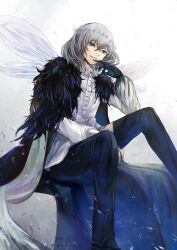 Rule 34 | 1boy, absurdres, cloak, fate/grand order, fate (series), fur-trimmed cloak, fur trim, gloves, grey eyes, grey hair, grin, highres, insect wings, long hair, long sleeves, looking at viewer, male focus, oberon (fate), oberon (third ascension) (fate), pants, sitting, slime (user jpds8754), smile, solo, wings