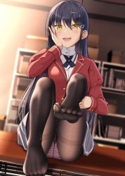 Rule 34 | 1girl, ahoge, black pantyhose, blouse, blurry, blush, collared shirt, crotch seam, depth of field, feet, fine fabric emphasis, foot focus, gurande (g-size), hair between eyes, hand on own cheek, hand on own face, highres, long hair, looking at viewer, original, panties, panties under pantyhose, pantyhose, pink panties, red blazer, shirt, sitting, skirt, soles, solo, toes, underwear, very long hair, white shirt, yellow eyes