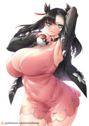 Rule 34 | 1girl, alternate breast size, aqua eyes, armpits, artist name, asymmetrical hair, black hair, blush, breasts, choker, cleavage, creatures (company), curvy, dress, game freak, highres, huge breasts, jacket, marnie (pokemon), naidong (artist), nail polish, nintendo, pink dress, poke ball, pokemon, pokemon swsh, solo, thick thighs, thighs, twintails, white background, wide hips