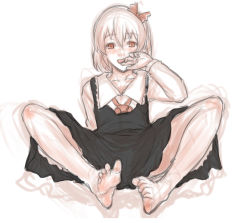 Rule 34 | 1girl, barefoot, blush, dress, feet, licking finger, full body, kuro suto sukii, licking, long sleeves, looking at viewer, monochrome, pale skin, rumia, short hair, simple background, sitting, sketch, soles, solo, spread legs, spread toes, toe scrunch, toes, tongue, tongue out, touhou, white background