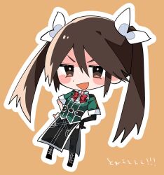 Rule 34 | 1girl, black footwear, black thighhighs, blush stickers, boots, bow, bowtie, brown background, brown eyes, brown hair, chibi, cosplay, cross-laced footwear, elbow gloves, gloves, green shirt, hands on own hips, kantai collection, katsuobushi (eba games), lace-up boots, military uniform, pelvic curtain, red bow, red bowtie, ribbon, shirt, single elbow glove, single glove, single thighhigh, smile, solo, thighhighs, tone (kancolle), tone (kancolle) (cosplay), tone kai ni (kancolle), twintails, uniform, white ribbon