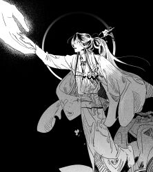 Rule 34 | 1boy, absurdres, barefoot, black background, chinese clothes, disembodied hand, floral print, full body, glowing, glowing hand, hair ornament, hand on another&#039;s hand, highres, long hair, long sleeves, looking at another, monochrome, open mouth, outstretched hand, ponytail, qn rkr2, sweat, tassel, tianguan cifu, wide sleeves, xie lian