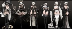 Rule 34 | 1girl, 2b (nier:automata), absurdres, adapted costume, apron, bare shoulders, black background, black blindfold, black dress, black footwear, black gloves, black thighhighs, blindfold, boots, bow, bowtie, breasts, character name, choker, cleavage, commentary, covered eyes, detached sleeves, dishwasher1910, dress, elbow gloves, english commentary, flower, full body, fur-trimmed sleeves, fur trim, garter belt, garter straps, gloves, hair flower, hair ornament, high heels, highres, lace, lace-trimmed legwear, lace trim, large breasts, long dress, low wings, machinery, magical girl, marble (stone), multiple views, nier:automata, nier (series), paid reward available, parted lips, pod (nier:automata), revealing clothes, robot, short hair, side slit, sideboob, skindentation, thigh boots, thighhighs, thighs, two-sided dress, two-sided fabric, white hair, wings, zettai ryouiki