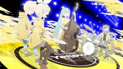 Rule 34 | 2boys, 2girls, aqua hair, bass guitar, blonde hair, blue hair, blush stickers, bow, circle name, cymbals, dress, drum, drum set, drumsticks, closed eyes, gyari (imagesdawn), hair bow, hair ornament, hairclip, hat, hatsune miku, highres, hood, hoodie, instrument, jacket, kagamine len, kagamine rin, kaito (vocaloid), keyboard (instrument), long hair, mini hat, mini top hat, multiple boys, multiple girls, music, playing instrument, sandals, scarf, short hair, sitting, smile, song name, spotlight, suit, top hat, transparent, twintails, very long hair, vocaloid, yellow dress, yellow headwear, yellow hoodie, yellow jacket, yellow suit