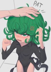 Rule 34 | 1boy, 1girl, angry, artist request, blush, grabbing, green eyes, green hair, highres, looking at another, one-punch man, size difference, tatsumaki