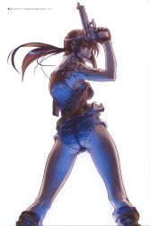 Rule 34 | 00s, 1girl, ass, ass focus, beretta 92, black lagoon, breasts, covered erect nipples, denim, denim shorts, feet out of frame, gloves, gun, handgun, highres, hiroe rei, holster, kneepits, looking at viewer, looking back, mouth hold, official art, pistol, revy (black lagoon), shogakukan, shorts, simple background, solo, standing, tattoo, translation request, weapon, white background
