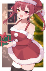 Rule 34 | 1girl, absurdres, bare shoulders, black thighhighs, blurry, blurry background, blush, breasts, christmas, christmas tree, cleavage, collarbone, cowboy shot, detached sleeves, dress, eyebrows hidden by hair, fang, fur trim, gift, hair between eyes, hat, heterochromia, highres, holding, holding gift, hololive, houshou marine, indoors, large breasts, lens flare, long hair, looking at viewer, open mouth, outside border, red dress, red eyes, red hair, santa costume, santa hat, short dress, skin fang, smile, solo, thighhighs, ute (perouthi), virtual youtuber, yellow eyes, zettai ryouiki