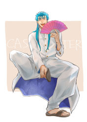 Rule 34 | 1boy, :d, alternate costume, blue hair, casual, cu chulainn (caster) (fate), cu chulainn (fate), cu chulainn (fate/stay night), earrings, fangs, fate/grand order, fate (series), folding fan, hand fan, holding foot, jewelry, long hair, male focus, open mouth, red eyes, sandals, sarong, simoich, sitting, smile, solo