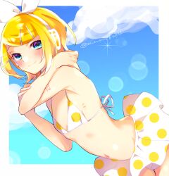 Rule 34 | 1girl, arm tattoo, armpits, bikini, bikini skirt, blonde hair, blue eyes, blue sky, border, bow, bow hairband, breasts, cleavage, closed mouth, cloud, day, hair bow, hair ornament, hairband, headphones, kagamine rin, kawahara chisato, lens flare, looking at viewer, miniskirt, number tattoo, outdoors, outside border, polka dot, polka dot bikini, polka dot skirt, short hair, skirt, sky, small breasts, smile, solo, swept bangs, swimsuit, tattoo, thigh gap, twitter username, vocaloid, white bikini, white border, white bow, white hairband, white skirt