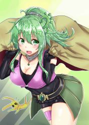 Rule 34 | 1girl, belt, blush, breasts, chan (akuty ikkot), cleavage, cloak, duel monster, elbow gloves, gloves, green eyes, green hair, highres, jewelry, large breasts, necklace, ponytail, shorts, solo, spiritual beast tamer winda, thigh strap, thighs, winda priestess of gusto, yu-gi-oh!