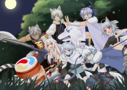 Rule 34 | 3girls, 4boys, absurdres, animal ears, blue eyes, furry, heterochromia, highres, midriff, multiple boys, multiple girls, navel, pixiv fantasia, pixiv fantasia sword regalia, red eyes, star (sky), tail, thighhighs, weapon, white hair, wolf ears, wolf tail, wolflong, yellow eyes