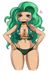 Rule 34 | 1girl, amazon lily, amazon warrior, bikini, boa sandersonia, breasts, eric lowery, female focus, green eyes, green hair, large breasts, long hair, matching hair/eyes, navel, one piece, simple background, smile, solo, swimsuit, tongue, underwear, very long hair, white background