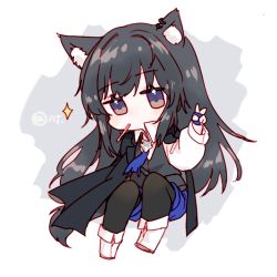 Rule 34 | 1girl, animal ear fluff, animal ears, arknights, black hair, black pantyhose, black vest, blue gloves, blue shorts, boots, brown eyes, chibi, collared shirt, commentary request, ear piercing, fingerless gloves, full body, gloves, grey background, hand up, hansuitianer, pantyhose under shorts, long hair, long sleeves, looking at viewer, mouth hold, pantyhose, piercing, puffy long sleeves, puffy sleeves, purple eyes, shirt, short shorts, shorts, solo, sparkle, texas (arknights), texas the omertosa (arknights), twitter username, two-tone background, v, very long hair, vest, white background, white footwear, white shirt