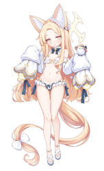 Rule 34 | 1girl, animal ear fluff, animal ears, bare shoulders, bikini, bird, black bow, blonde hair, blue archive, blush, bow, breasts, closed mouth, commentary request, detached sleeves, flat chest, flower, forehead, fox ears, fox tail, frilled bikini, frills, full body, hair flower, hair ornament, halo, long hair, long sleeves, looking at viewer, navel, seia (blue archive), simple background, sleeves past fingers, sleeves past wrists, small breasts, standing, stomach, swimsuit, tail, tit (bird), very long hair, white background, white bikini, yako, yellow eyes, yellow halo