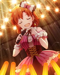 Rule 34 | 10s, 1girl, bare shoulders, corset, dress, earrings, closed eyes, frilled skirt, frills, glint, hair ornament, heart, idolmaster, idolmaster million live!, jewelry, lights, microphone, music, official art, open mouth, orange hair, ribbon, short hair, singing, skirt, solo, stage, standing, text focus, wireless, yabuki kana