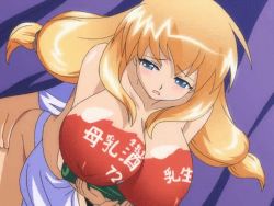 Rule 34 | 1girl, animated, animated gif, blonde hair, blue eyes, body writing, bodypaint, bottle, bouncing breasts, breast hold, breasts, hanging breasts, hinata nanami, huge breasts, leaning forward, loincloth, long hair, long twintails, male hand, nipples, no panties, open mouth, oppai baka, puffy nipples, sex, solo focus, topless, translated, tsuri baka, twintails