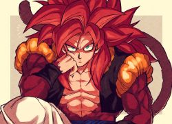 Rule 34 | abs, bare pectorals, biceps, body fur, closed mouth, dragon ball, dragon ball gt, fusion dance, gogeta, green eyes, hand on own cheek, hand on own face, head rest, highres, looking at viewer, male focus, manly, metamoran vest, monkey boy, monkey tail, muscular, muscular male, no nipples, pants, pectorals, red fur, red hair, relio db318, sitting, solo, spiked hair, super saiyan, super saiyan 4, tail, white pants