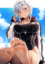 Rule 34 | 1girl, alternate costume, barefoot, black jacket, black nails, black one-piece swimsuit, blue sky, breasts, brown eyes, cloud, commentary request, competition swimsuit, dark-skinned female, dark skin, eyewear on head, feet, grey hair, hair between eyes, head tilt, highleg, highleg swimsuit, highres, jacket, kantai collection, large breasts, long hair, long sleeves, looking at viewer, multicolored clothes, multicolored jacket, musashi (kancolle), one-piece swimsuit, open clothes, open jacket, outstretched legs, paid reward available, parted lips, partial commentary, playing with own hair, sitting, sky, sleeves past wrists, soles, solo, swimsuit, toes, wet, wet clothes, wet swimsuit, whistle, whistle around neck, white jacket, yunamaro