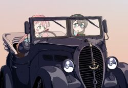 Rule 34 | 2girls, akashi (kancolle), black hair, blue eyes, blush, car, commentary request, driving, glasses, green eyes, hair between eyes, hair ribbon, hairband, kantai collection, kisei mt, long hair, long sleeves, motor vehicle, multiple girls, ooyodo (kancolle), open mouth, pink hair, red ribbon, ribbon, simple background, vehicle focus, vehicle request
