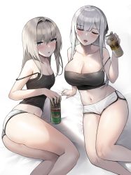 Rule 34 | 2girls, ak-12 (girls&#039; frontline), an-94 (girls&#039; frontline), arm support, ass, bare arms, bare legs, bare shoulders, beer can, black hairband, blue eyes, blush, breasts, camisole, can, cleavage, closed eyes, collarbone, dolphin shorts, drink can, feet out of frame, girls&#039; frontline, hairband, hei d, holding, holding can, large breasts, long hair, looking at viewer, lying, multiple girls, navel, on side, open mouth, reclining, shorts, silver hair, simple background, small breasts, strap slip, white background, white shorts