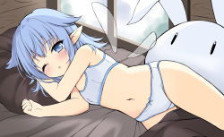 Rule 34 | 1girl, ;o, bed, blue eyes, blue hair, blush, bow, bow panties, bra, commentary request, commission, crotch seam, day, detached wings, flat chest, highres, indoors, looking at viewer, lying, medium hair, on side, one eye closed, original, panties, parted lips, pillow, pointy ears, sakuraba hikaru (loveindog), skeb commission, solo, stuffed animal, stuffed rabbit, stuffed toy, transparent wings, underwear, underwear only, white bra, white panties, window, wings