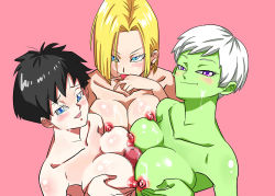 Rule 34 | 3girls, :p, android 18, black hair, blonde hair, blue eyes, blush, bob cut, breasts squeezed together, breasts, censored, cheelai, closed mouth, colored skin, cooperative paizuri, cum, cum on body, cum on breasts, cum on upper body, dragon ball, dragon ball super, dragonball z, facial, from above, green skin, large breasts, licking, looking at viewer, medium hair, mosaic censoring, multiple girls, naughty face, nipples, nude, open mouth, paizuri, penis, pink background, purple eyes, short hair, simple background, smile, tongue, tongue out, videl, white hair