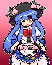 Rule 34 | 1girl, blue hair, blush, bow, clothes lift, eruru (erl), fang, female focus, food, fruit, hat, hinanawi tenshi, leaf, long hair, one eye closed, open mouth, peach, red eyes, short sleeves, skirt, skirt basket, skirt lift, solo, touhou, very long hair, wink