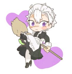 Rule 34 | 1boy, alternate costume, apron, black dress, black footwear, broom, chibi, closed mouth, colored shoe soles, crossdressing, dress, enmaided, foot up, frilled apron, frilled sleeves, frills, frown, full body, heart, high heels, holding, holding broom, juliet sleeves, kimetsu no yaiba, knee up, long sleeves, looking at viewer, maid, maid apron, maid headdress, male focus, pantyhose, puffy sleeves, scar, scar on face, scar on forehead, scar on nose, shinazugawa sanemi, shoe soles, short hair, solo, white hair, white pantyhose, zooooo co